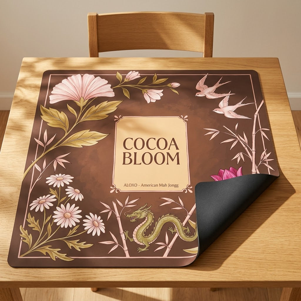 Blush Cocoa Bloom mahjong mat with one corner folded back to show the black rubber underside