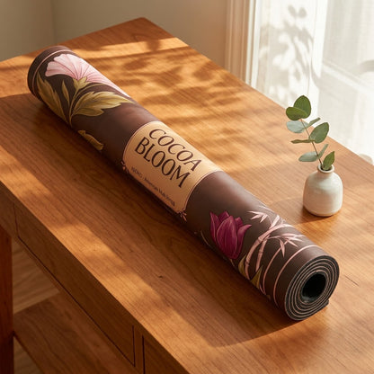Blush Cocoa Bloom mahjong mat rolled up on a console table