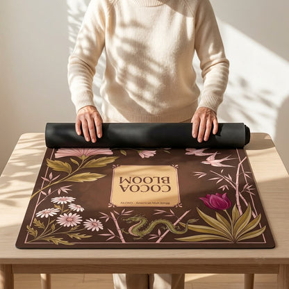 Woman unrolling the Blush Cocoa Bloom mahjong mat across a card table