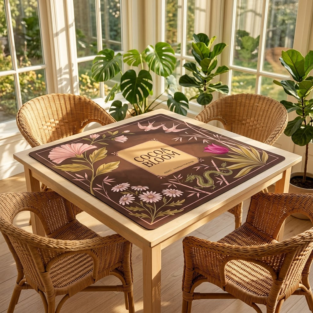 Blush Cocoa Bloom mahjong mat on a card table in a sunroom with wicker chairs