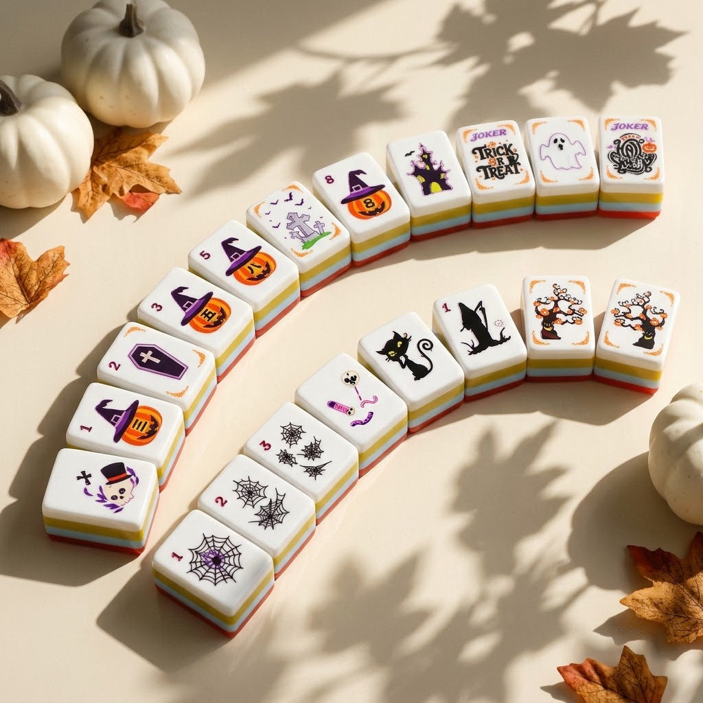 Halloween mahjong tiles fanned in an arc, striped edges visible