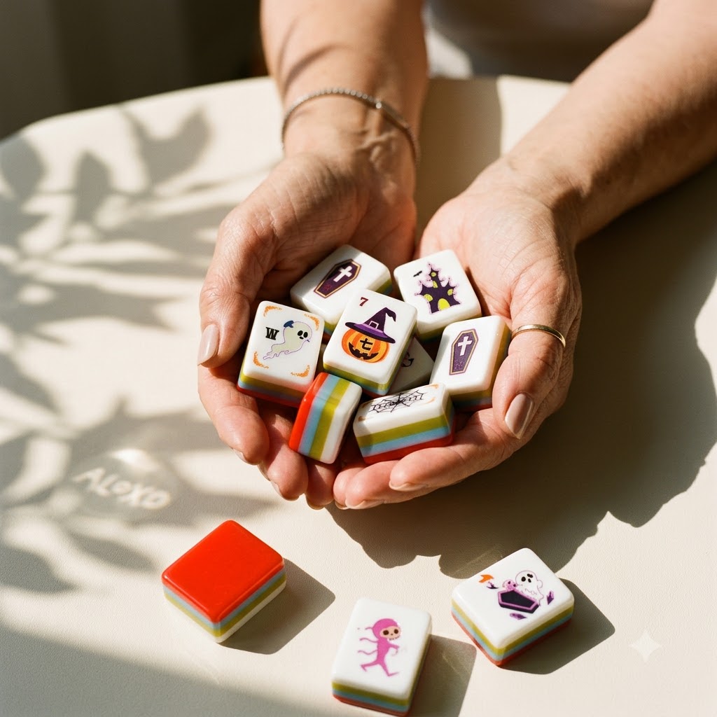 A handful of tiles cradled in a woman's hands