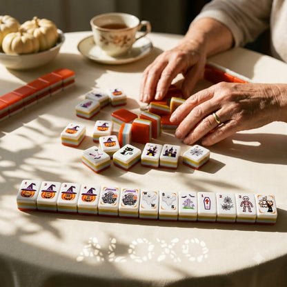A Halloween mahjong game in progress with a cup of tea