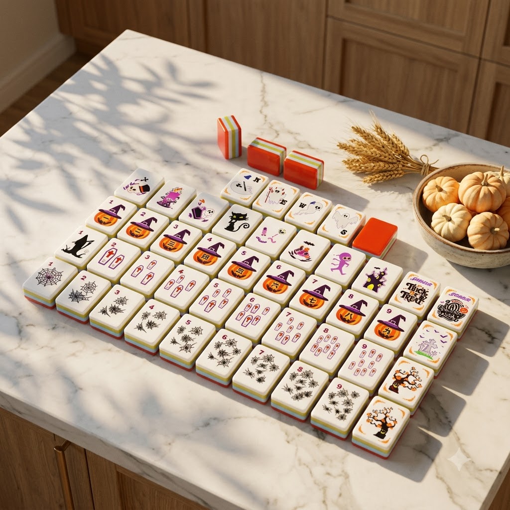 Tiles spread on a white marble kitchen island