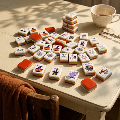 Tiles laid out on a warm wooden table