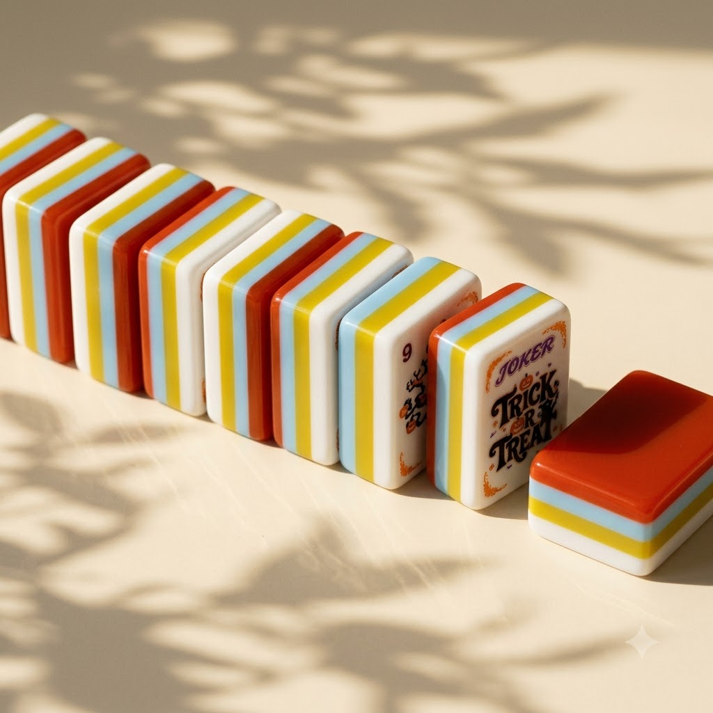 The four-layer striped edge — white, yellow, blue and orange through every tile