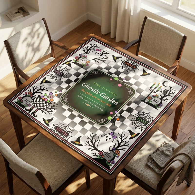 Checkerboard Ghost Garden mahjong mat on a square table with four chairs