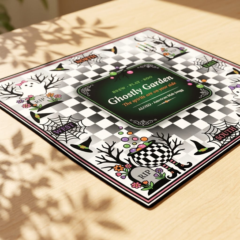 Checkerboard Ghost Garden mahjong mat lying flat on a table, seen from a low angle