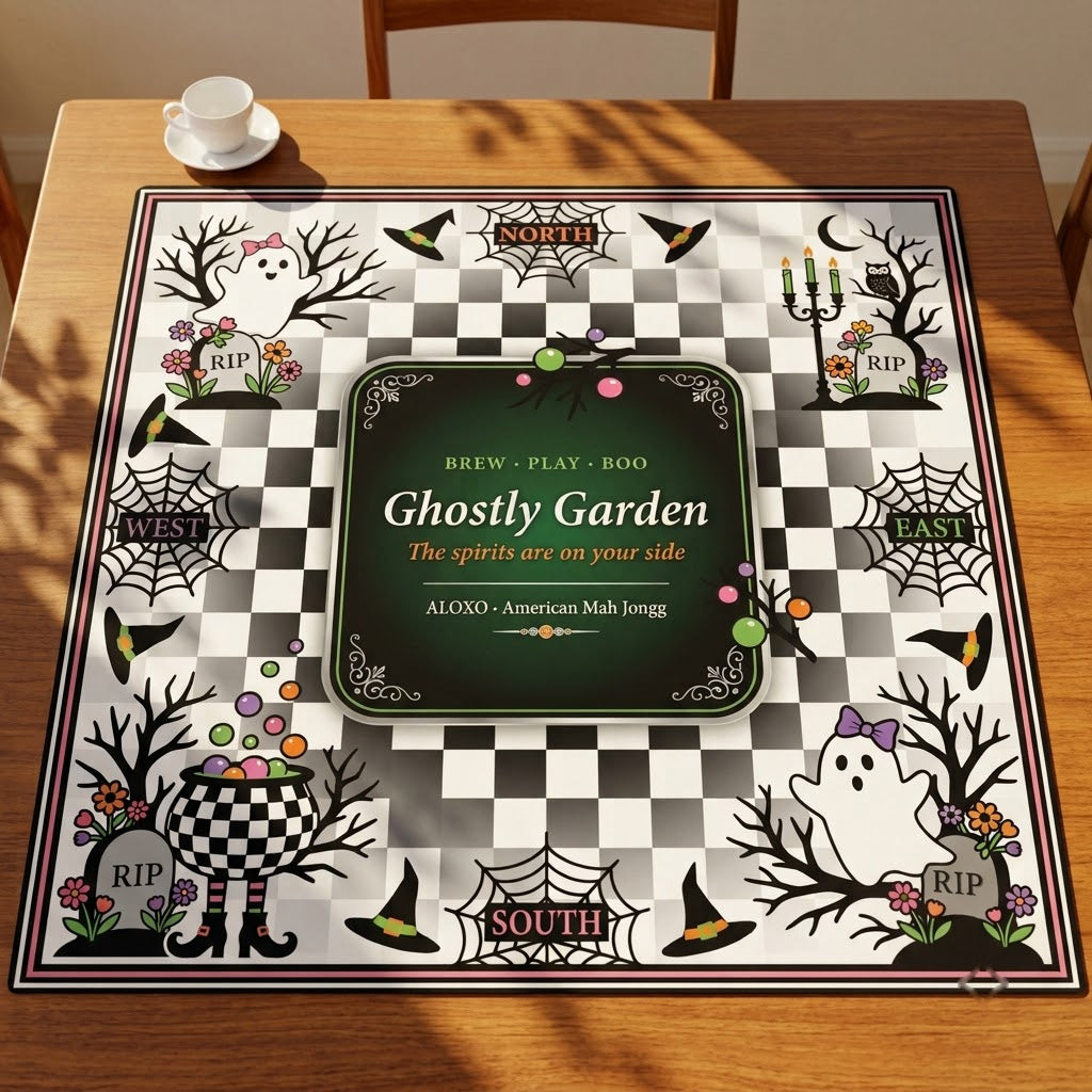 Checkerboard Ghost Garden mahjong mat laid out on a wooden table