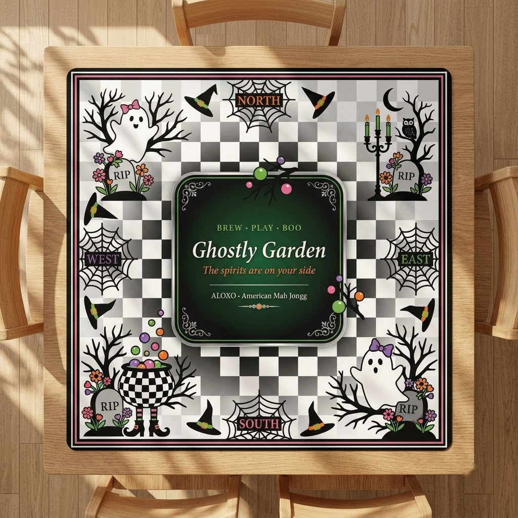 Checkerboard Ghost Garden mahjong mat covering a square card table, seen from above