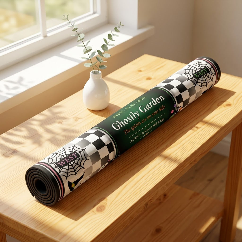 Checkerboard Ghost Garden mahjong mat rolled up for storage