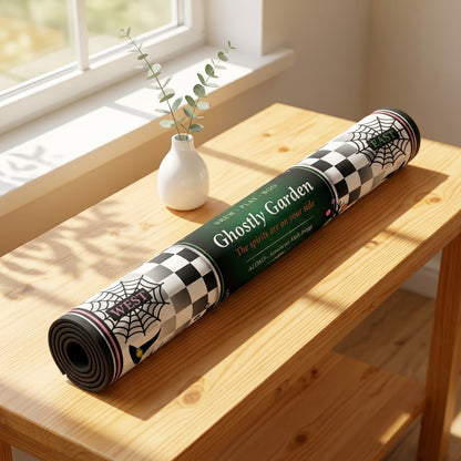 Checkerboard Ghost Garden mahjong mat rolled up for storage