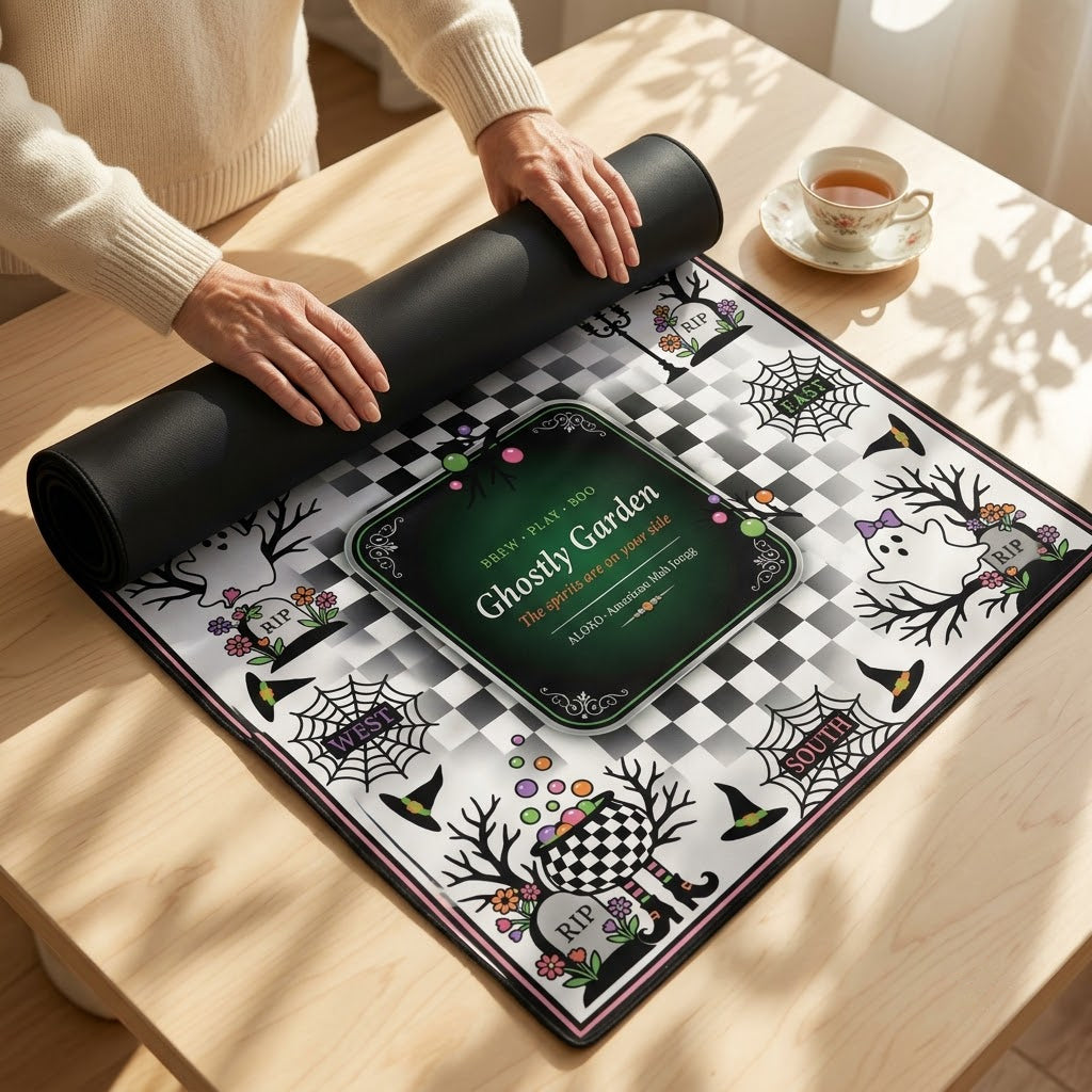 Hands unrolling the Checkerboard Ghost Garden mahjong mat across a table