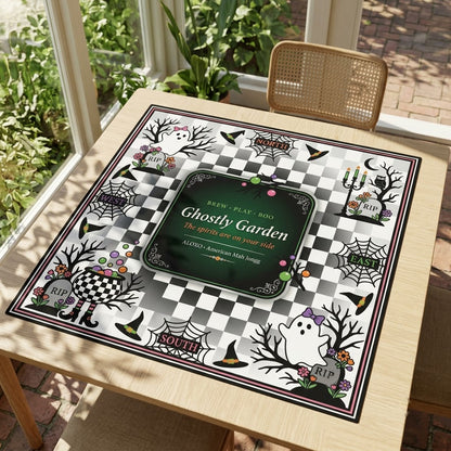 Checkerboard Ghost Garden mahjong mat on a table in a bright sunroom