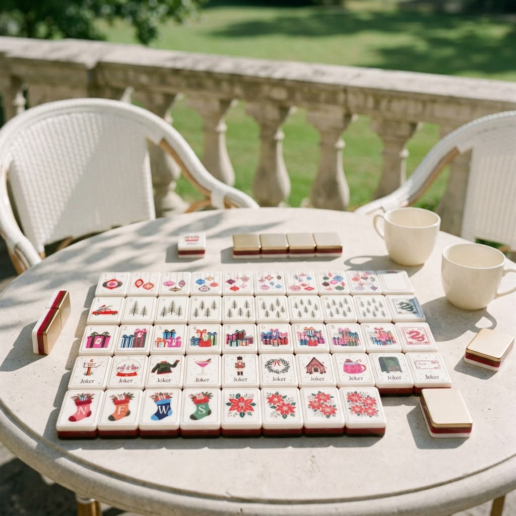 Christmas Post mahjong set set up on a sunlit clubhouse terrace table