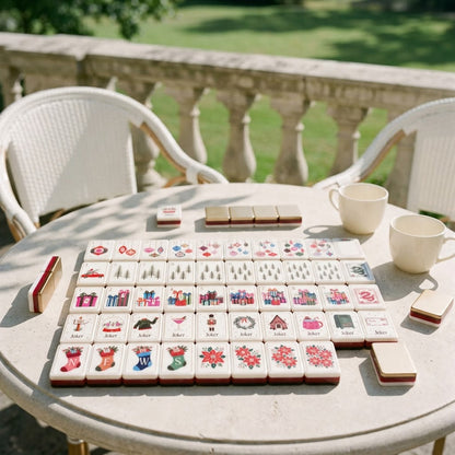 Christmas Post mahjong set set up on a sunlit clubhouse terrace table