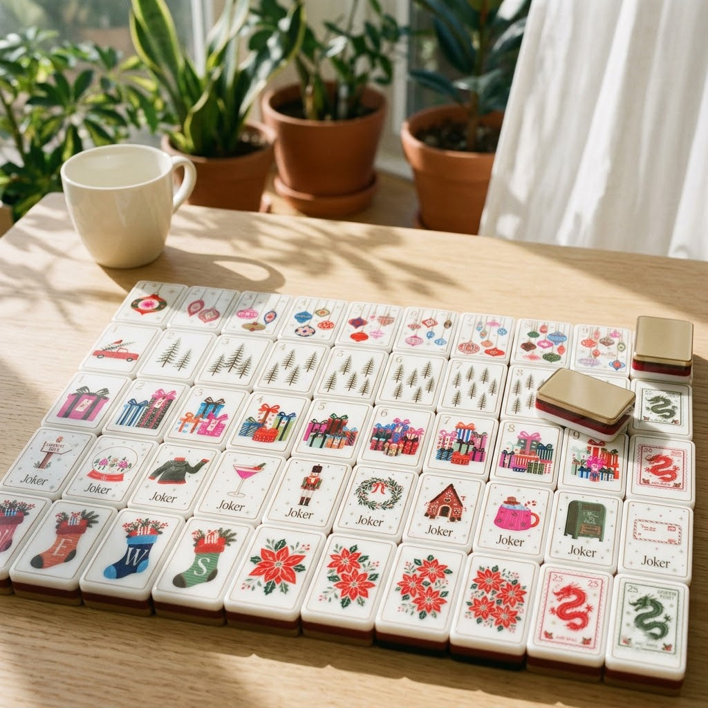 Christmas Post mahjong tiles on an oak table in a bright plant-filled sunroom