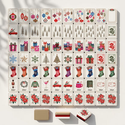 Complete Christmas Post mahjong set laid out by suit — 160 NMJL-ready tiles