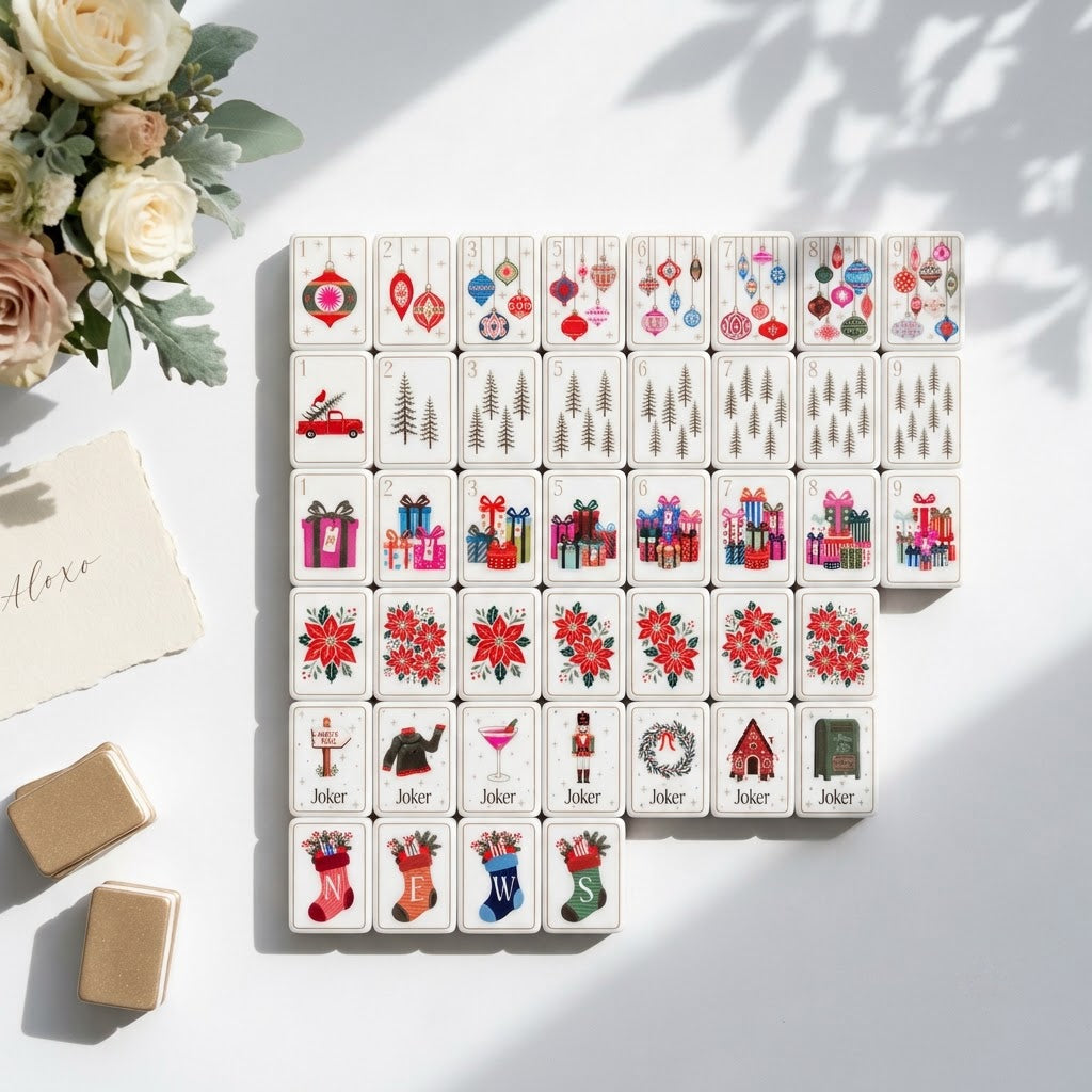 Christmas Post mahjong set laid out on white — ornament, fir tree, gift box, stocking and poinsettia tiles