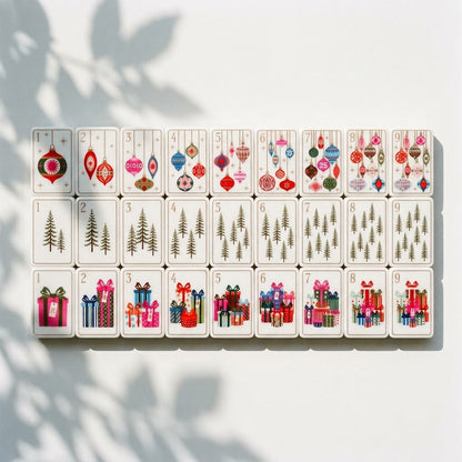 The three Christmas Post suits laid out one through nine — ornaments, fir trees and wrapped gifts