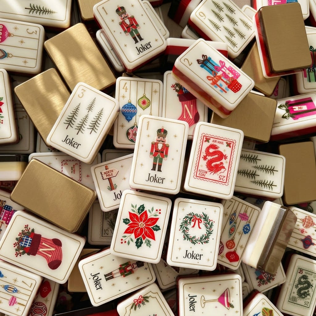 Close pile of Christmas Post mahjong tiles showing faces, champagne gold backs and edge thickness