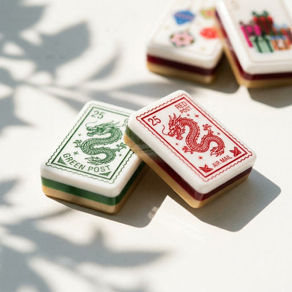 The two Christmas Post dragon tiles drawn as red and green Christmas postage stamps postmarked 25