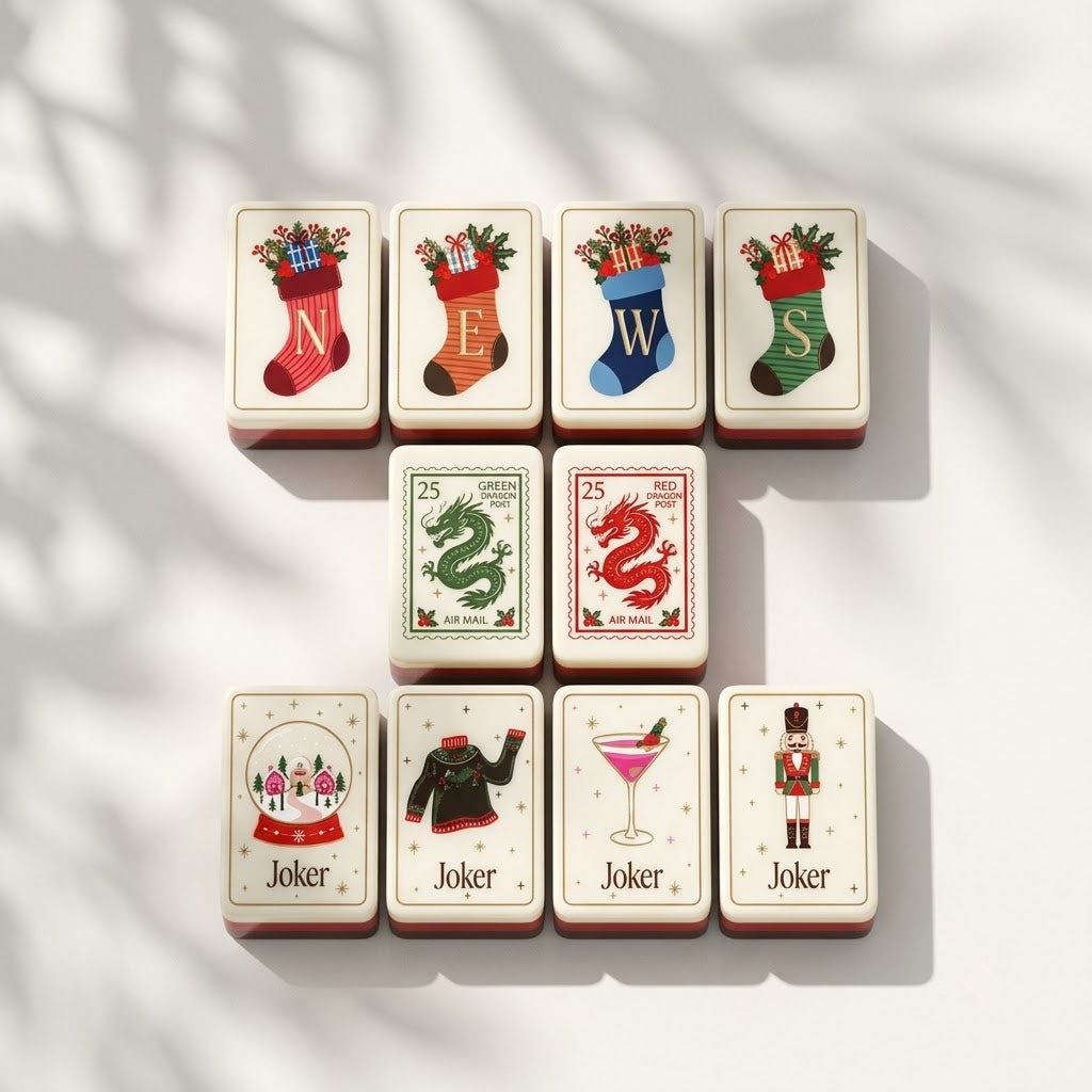 Christmas Post wind tiles, dragon stamp tiles and Joker tiles arranged in rows
