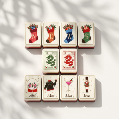 Christmas Post wind tiles, dragon stamp tiles and Joker tiles arranged in rows