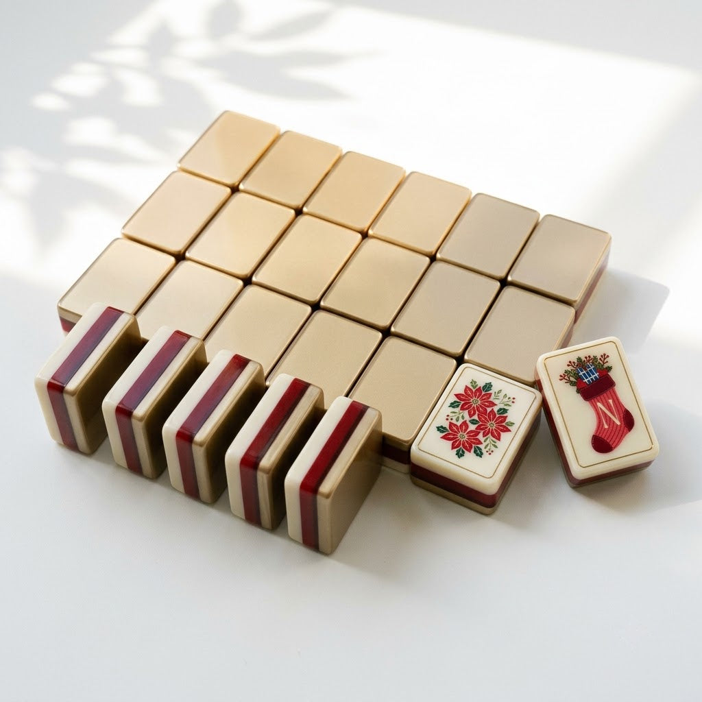 Champagne gold tile backs and the edge profile of the Christmas Post mahjong tiles