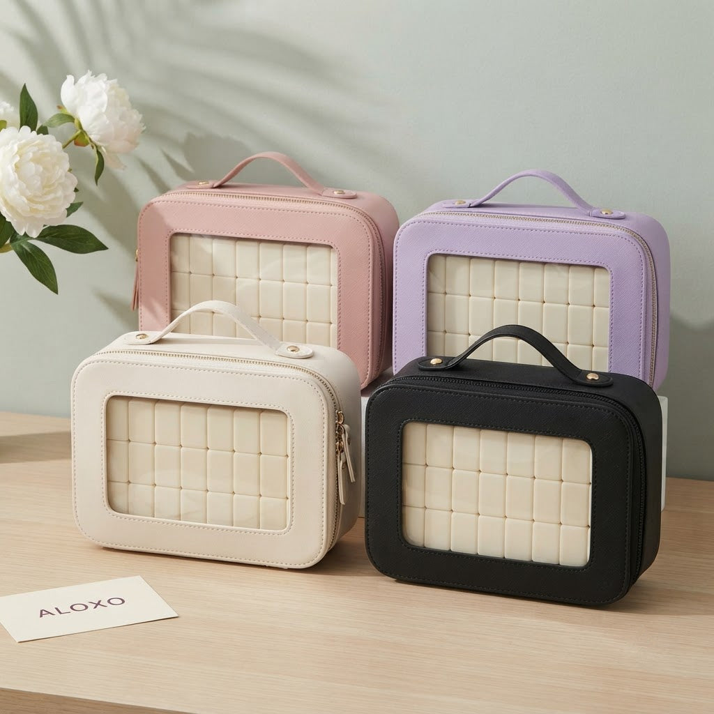 Four Clear Window mahjong carrying cases in pink, ivory white, lavender and black, each with a clear front window
