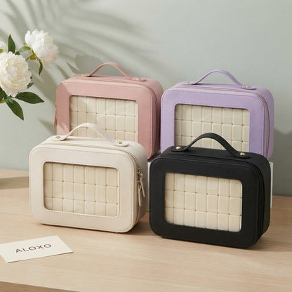 Four Clear Window mahjong carrying cases in pink, ivory white, lavender and black, each with a clear front window
