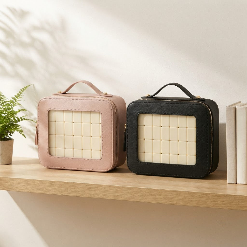 Pink and black Clear Window mahjong cases standing side by side on an oak shelf