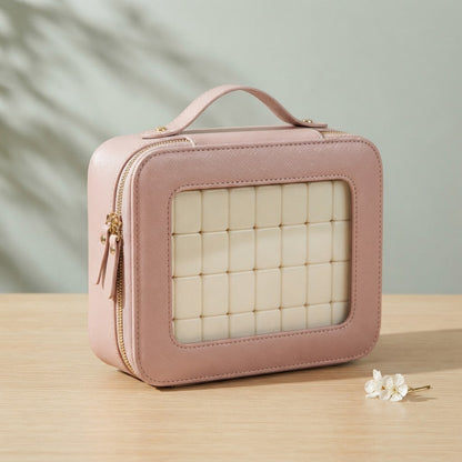 Pink Clear Window mahjong carrying case with gold-tone zipper and top handle
