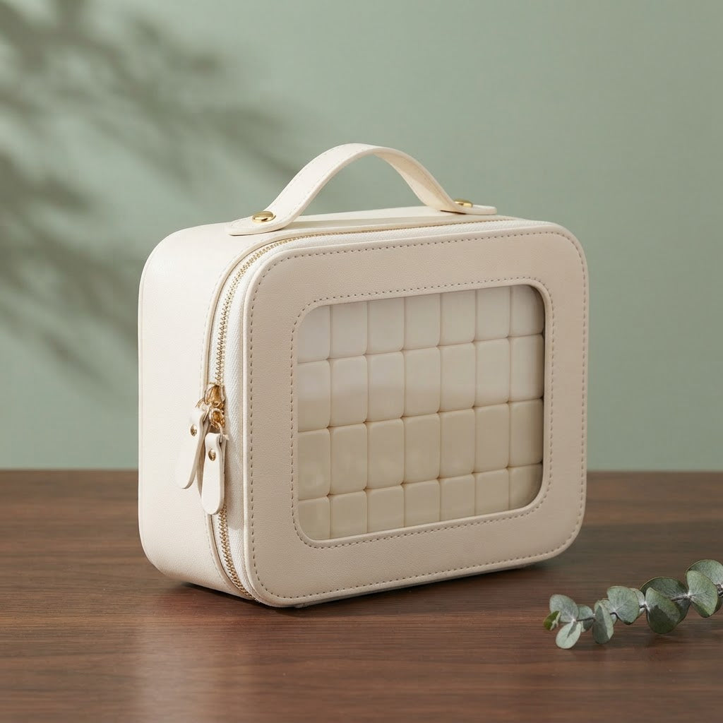 White Clear Window mahjong carrying case with gold-tone zipper and top handle