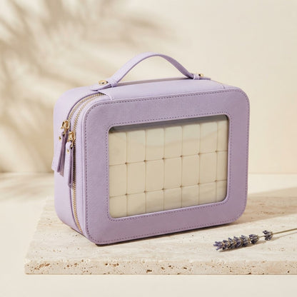 Purple Clear Window mahjong carrying case with gold-tone zipper and top handle