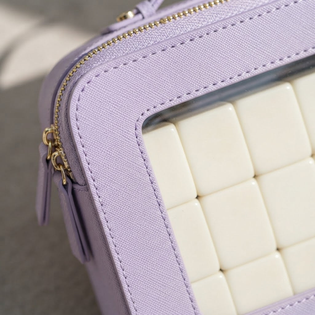 Close-up of the clear window corner, stitching and gold-tone zipper on the purple case