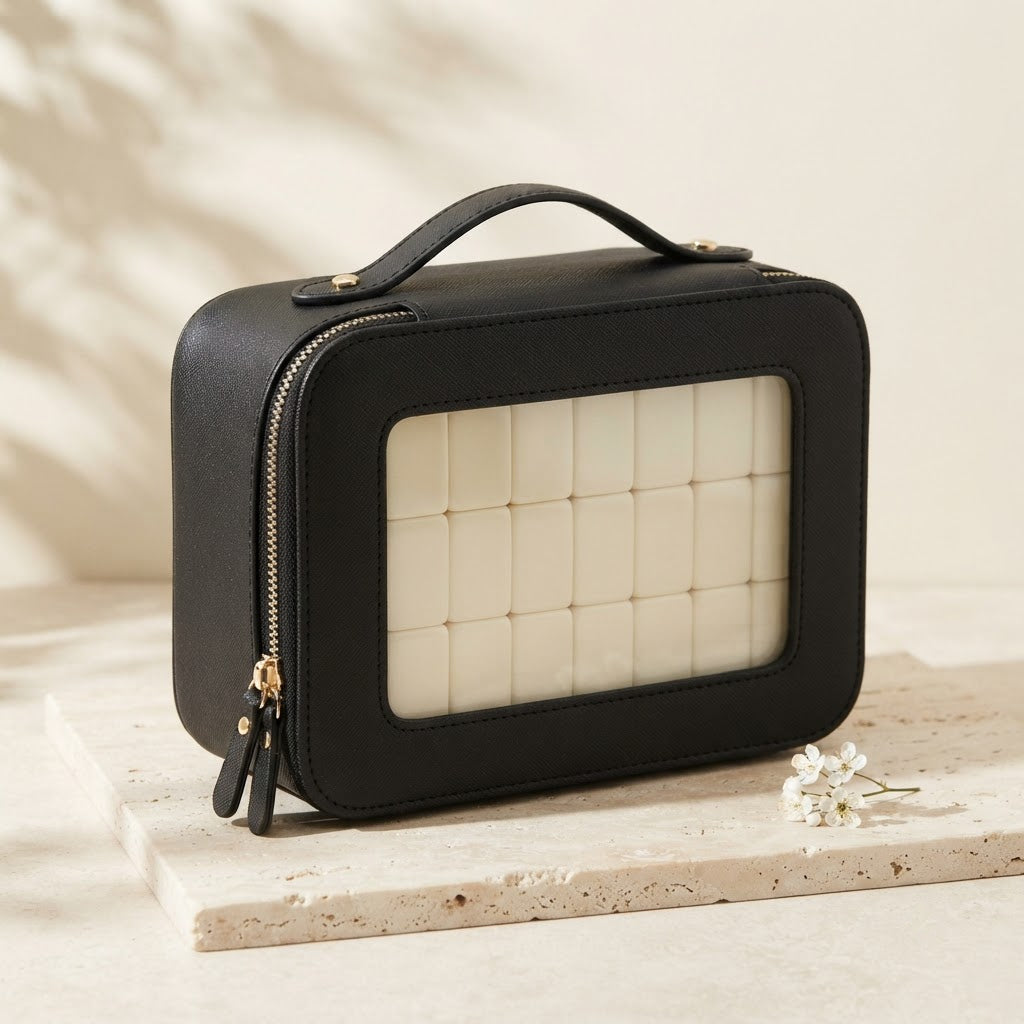 Black Clear Window mahjong carrying case with gold-tone zipper and top handle