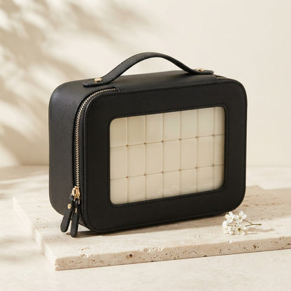Black Clear Window mahjong carrying case with gold-tone zipper and top handle