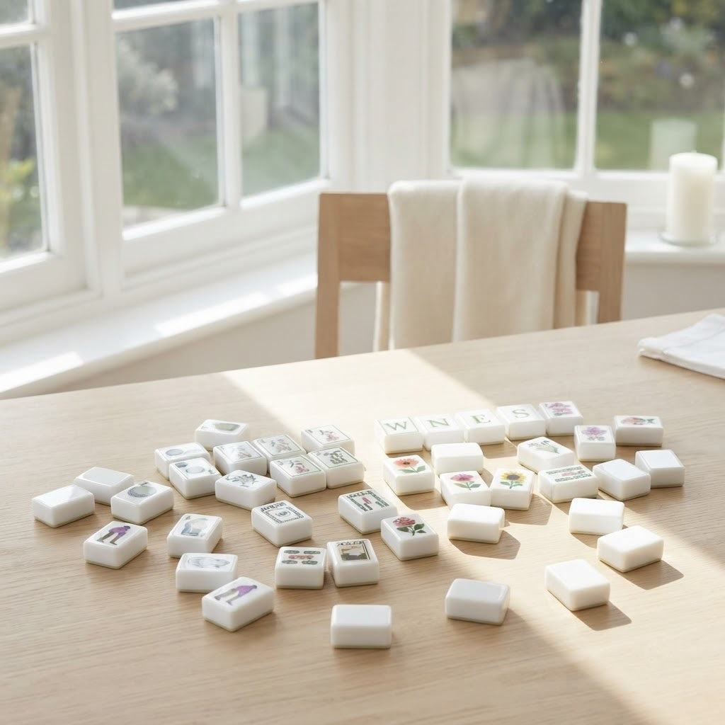 Clubhouse Green mahjong tiles on a sunroom table by the window