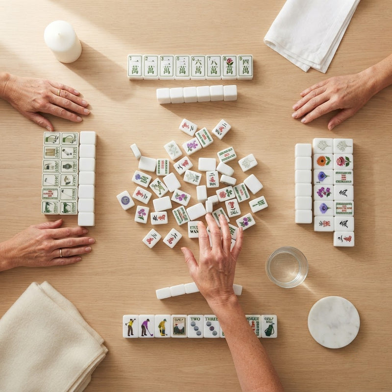 Four players mid-game with Clubhouse Green mahjong tiles, seen from above