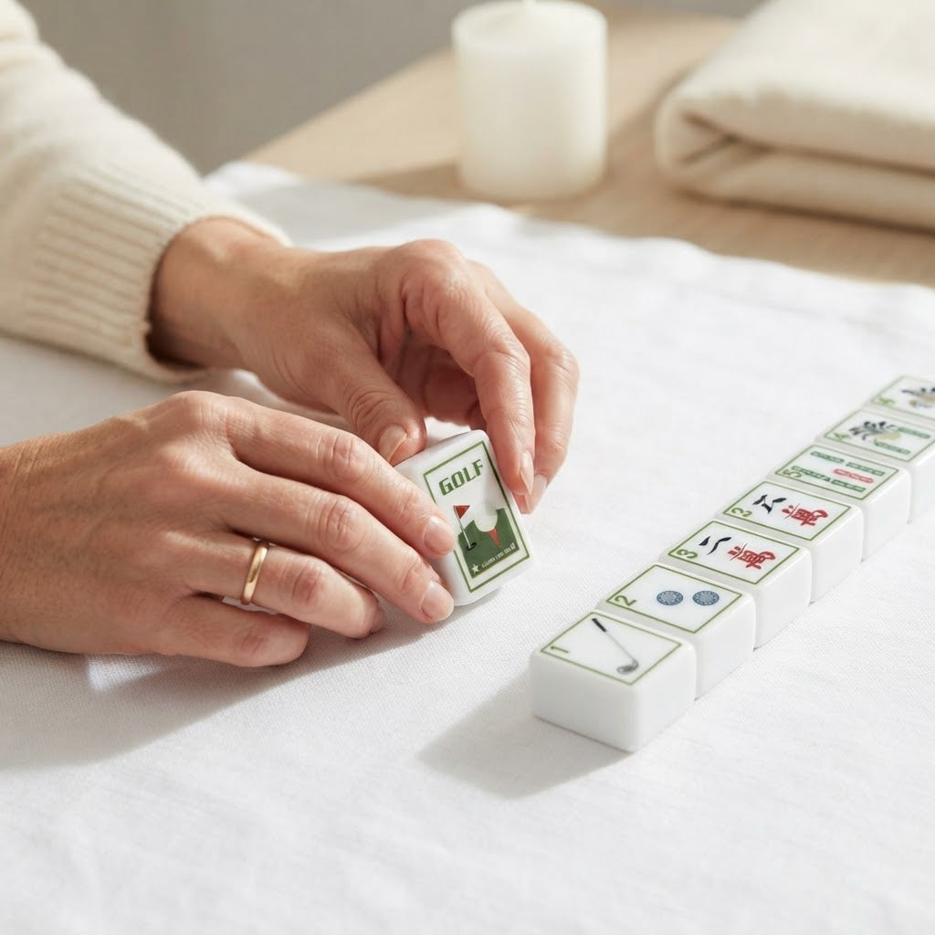 Hands turning over a Clubhouse Green mahjong tile