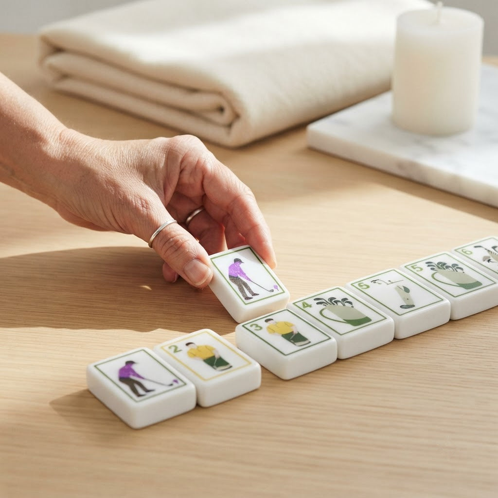 Hand placing a Clubhouse Green mahjong tile on a wood table