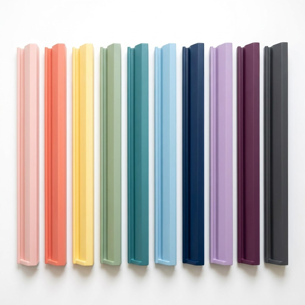 Ten painted wood mahjong racks side by side in ten colors, from blush pink to charcoal