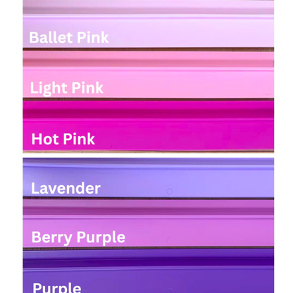 Color chart: Ballet Pink, Light Pink, Hot Pink, Lavender, Berry Purple, Purple