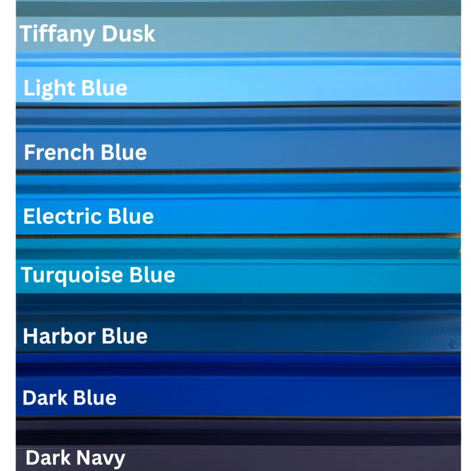 Color chart: Tiffany Dusk, Light Blue, French Blue, Electric Blue, Turquoise Blue, Harbor Blue, Dark Blue, Dark Navy