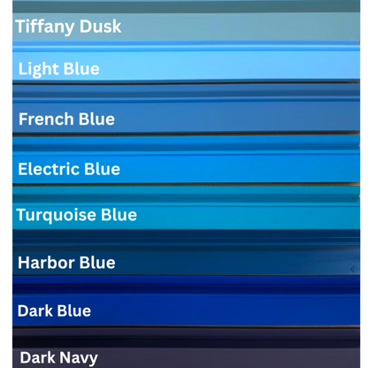 Color chart: Tiffany Dusk, Light Blue, French Blue, Electric Blue, Turquoise Blue, Harbor Blue, Dark Blue, Dark Navy