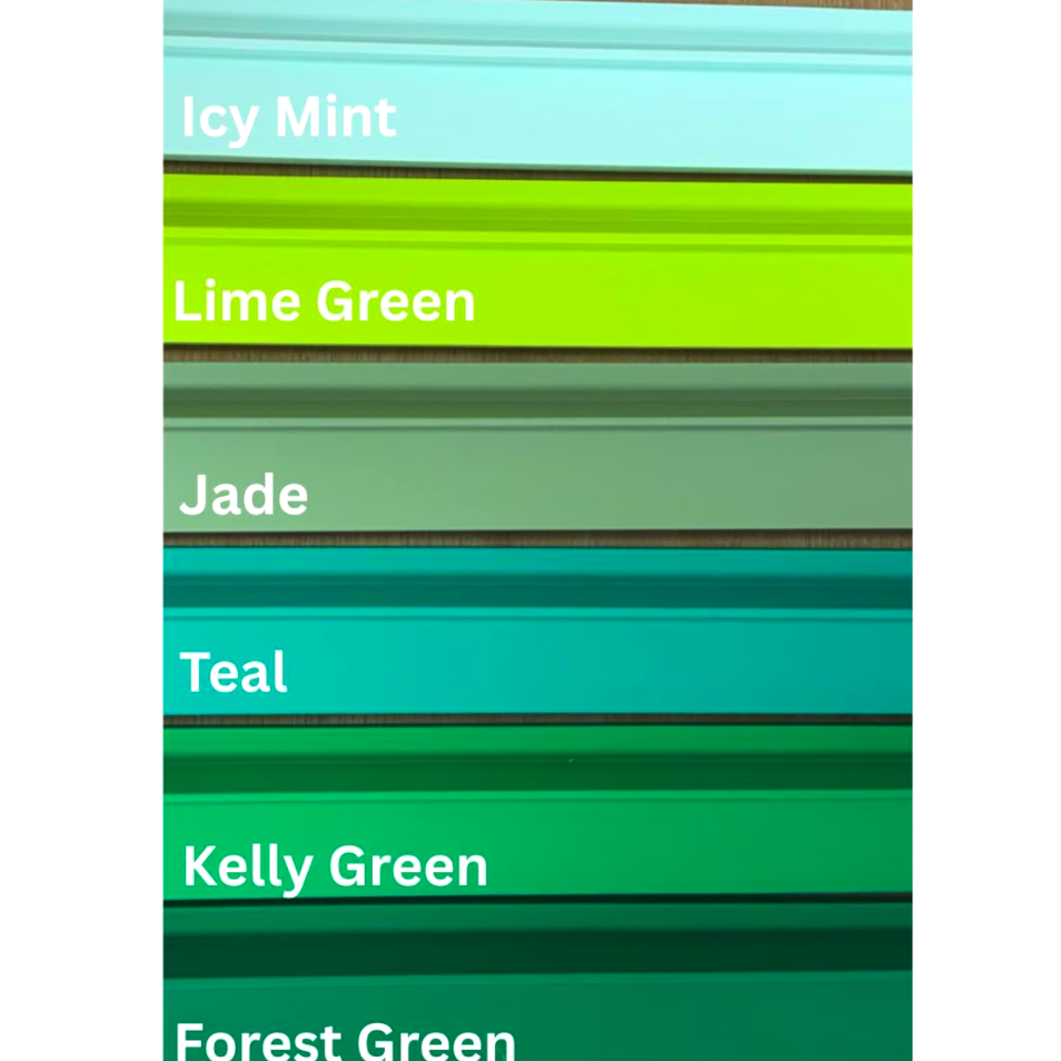 Color chart: Icy Mint, Lime Green, Jade, Teal, Kelly Green, Forest Green