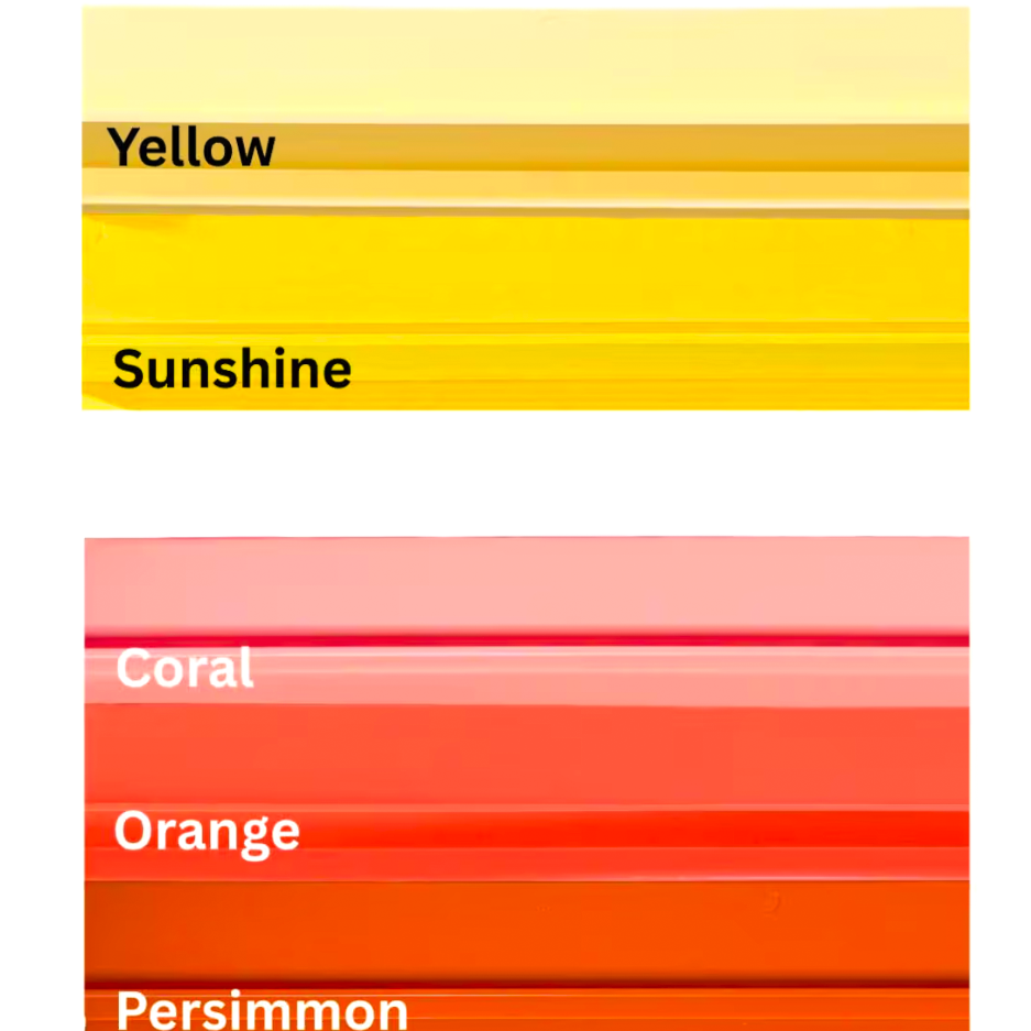 Color chart: Yellow, Sunshine, Coral, Orange, Persimmon
