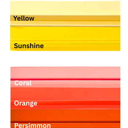 Color chart: Yellow, Sunshine, Coral, Orange, Persimmon