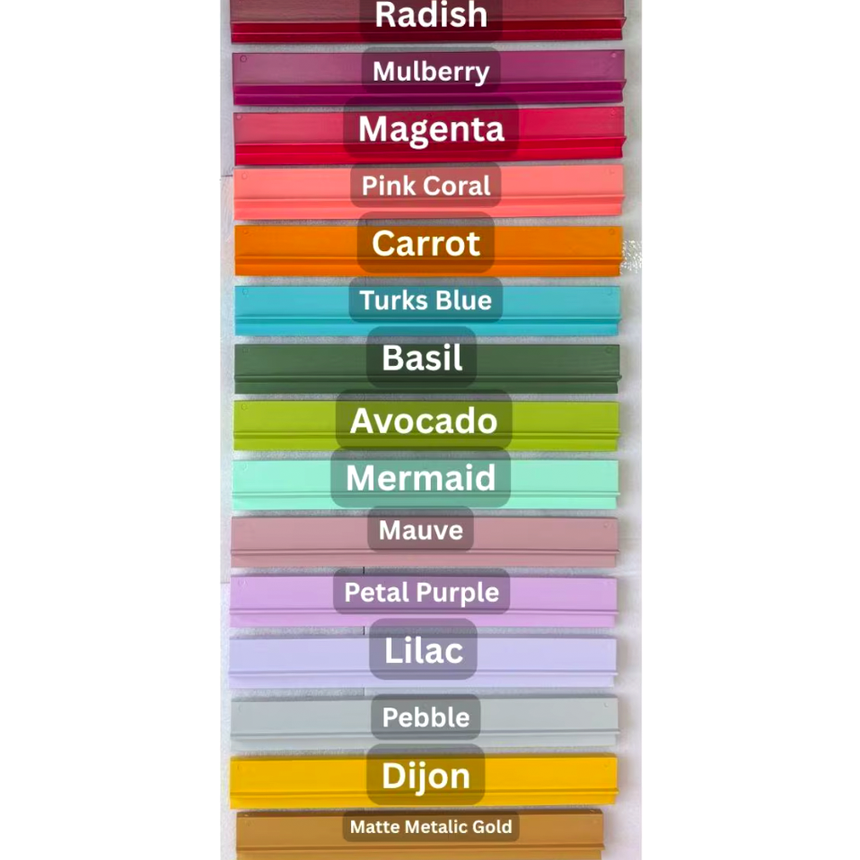 Color chart: Radish, Mulberry, Magenta, Pink Coral, Carrot, Turks Blue, Basil, Avocado, Mermaid, Mauve, Petal Purple, Lilac, Pebble, Dijon, Matte Metallic Gold